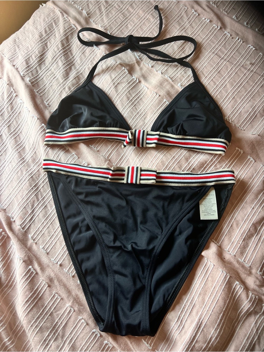 Burberry Black Bikini Set with Red-White-Blue Striped Trim